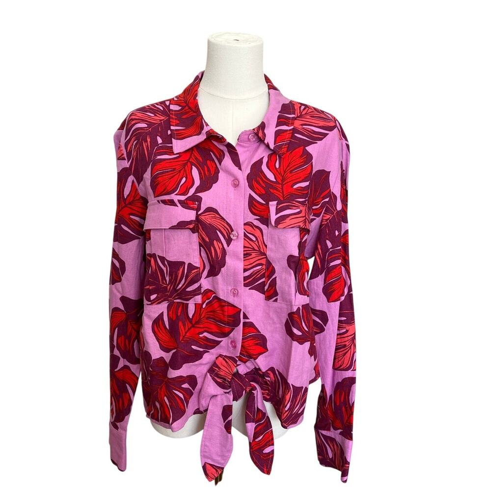 SOFIA JEANS | Women's Floral Tropical Mauve Linen Blend Tie Front Top NWT Size L